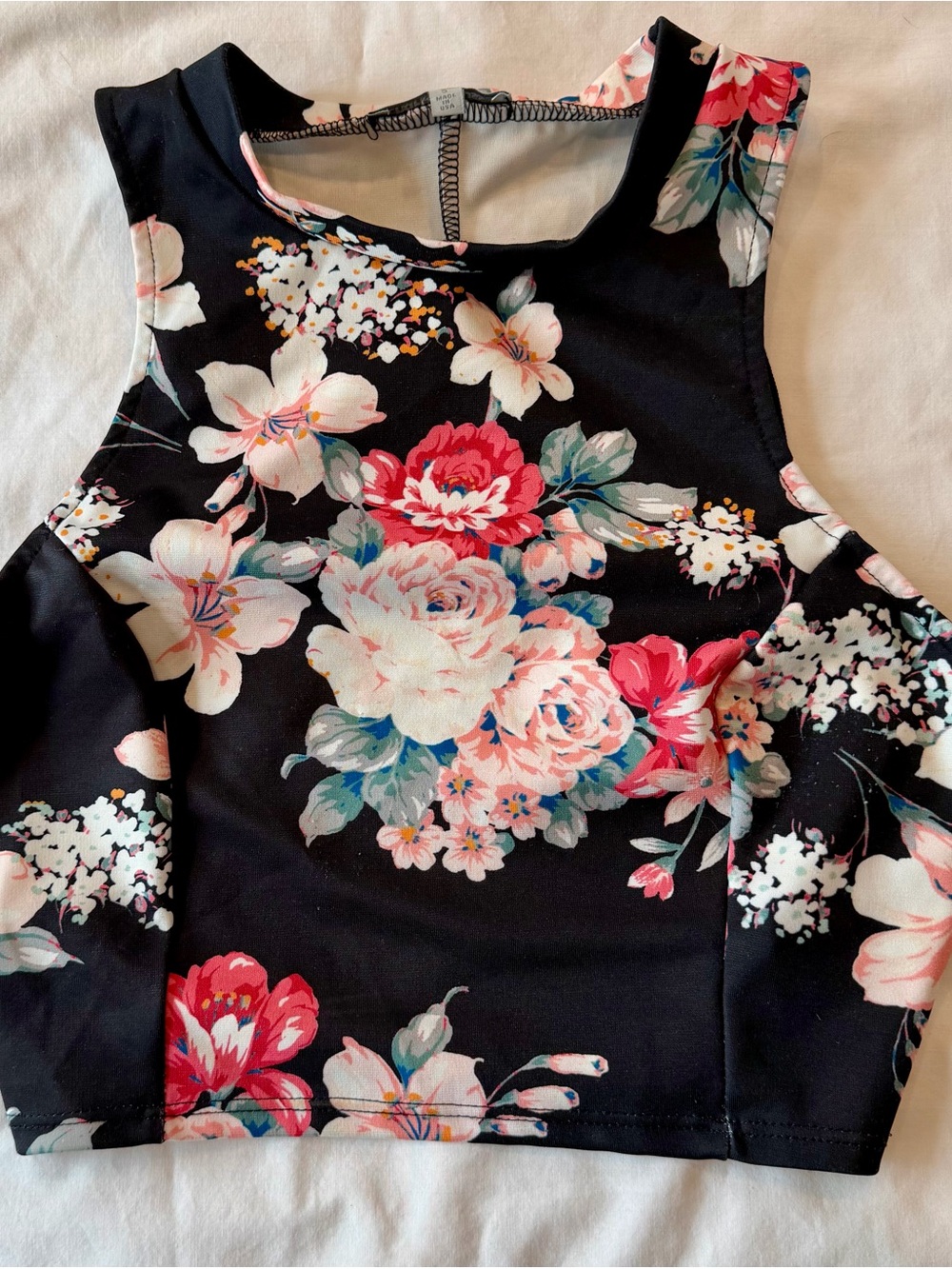 Floral Crop Top — Black with Pink & Cream Blooms